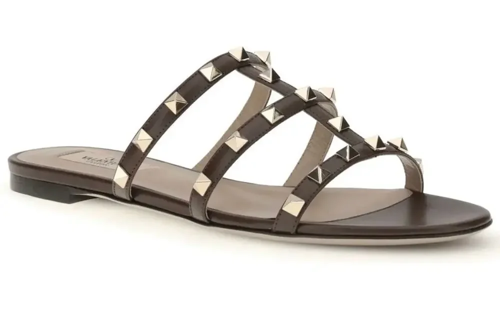 Valentino Garavani Rockstud Caged Leather Slide Sandal Bark Brown 36